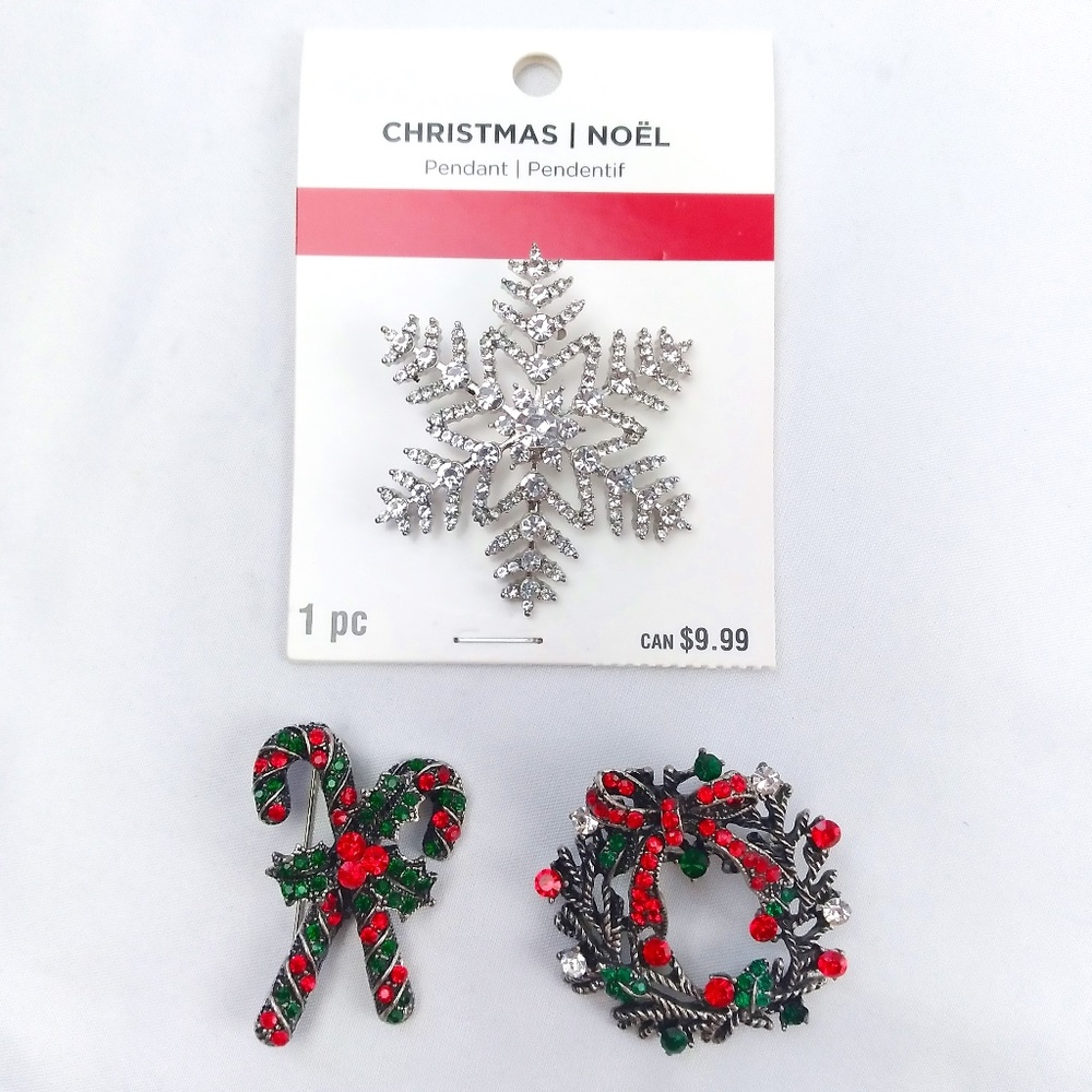 Lot of 3 Christmas Theme Rhinestone Brooch Pin - Snowflake Wreath Candy Cane